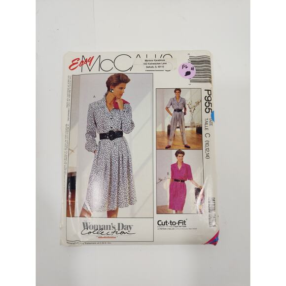 Easy McCall's P955 Vtg 80's Woman's Dress, Pants Suit Sewing Pattern Size 10-14 - Picture 1 of 3